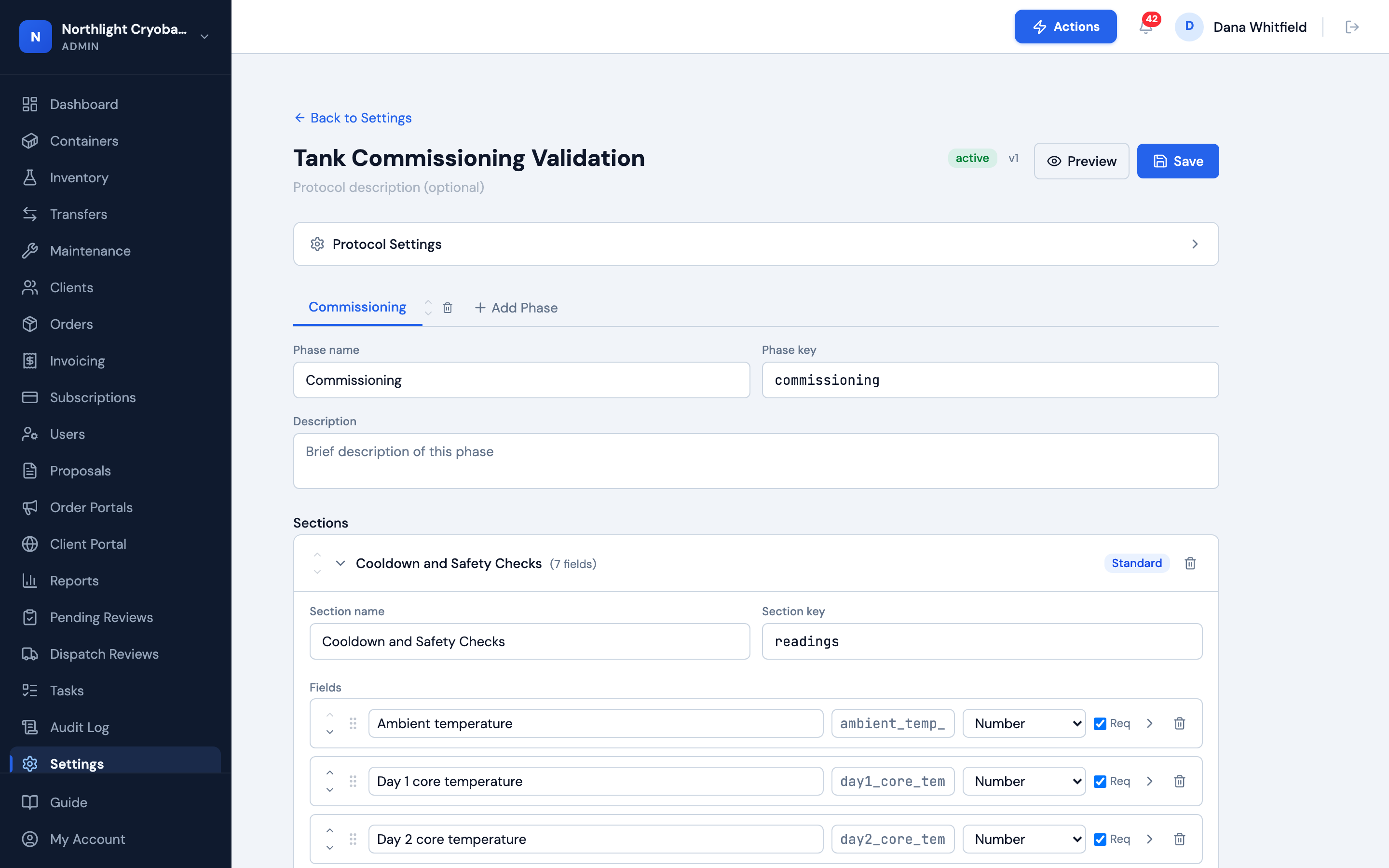 A tank commissioning validation protocol being built in OpenCryo with phases, sections, and fields