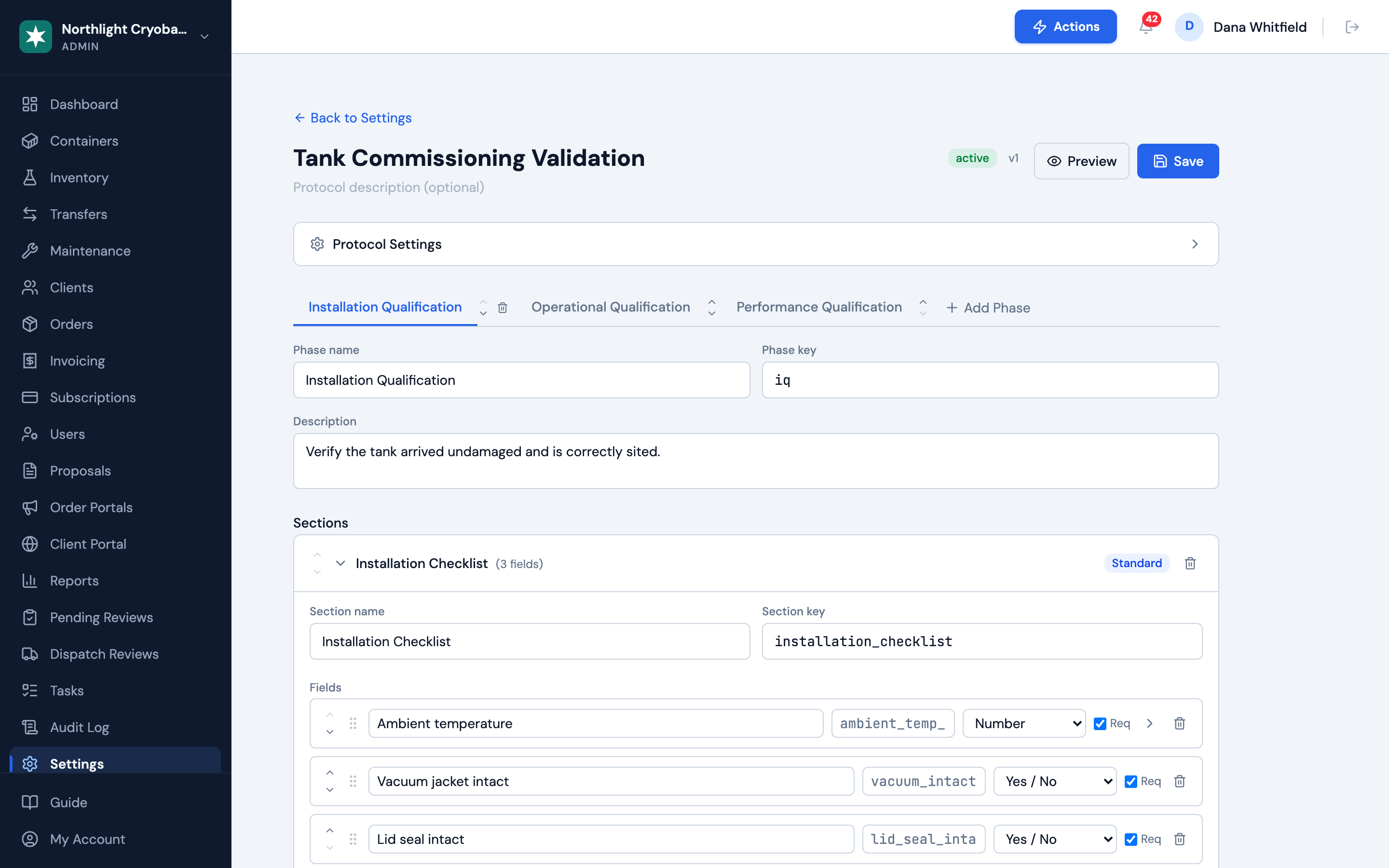 A tank commissioning validation protocol being built in OpenCryo with phases, sections, and fields