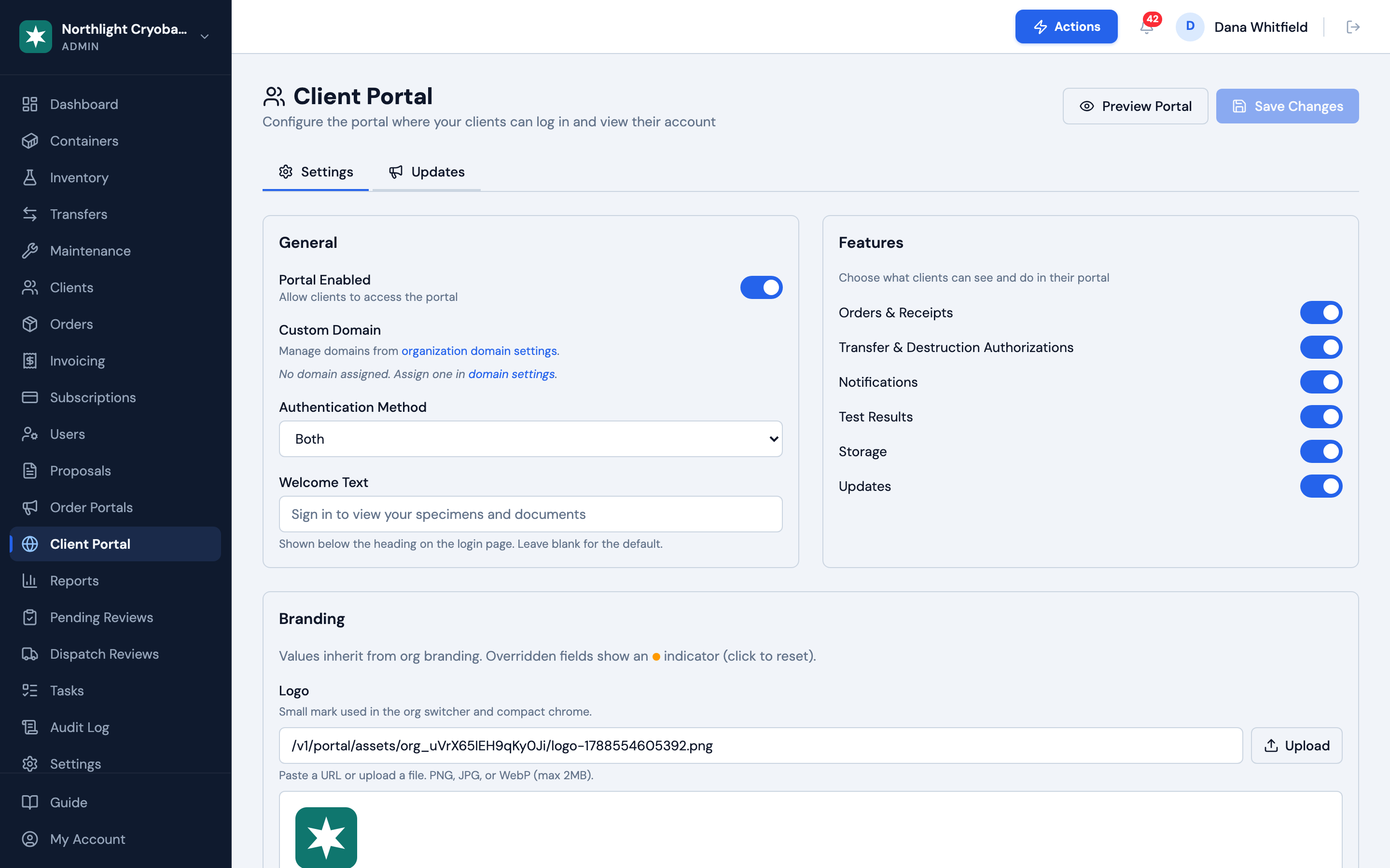 OpenCryo client portal configuration: modules, sign-in method, branding, and preview