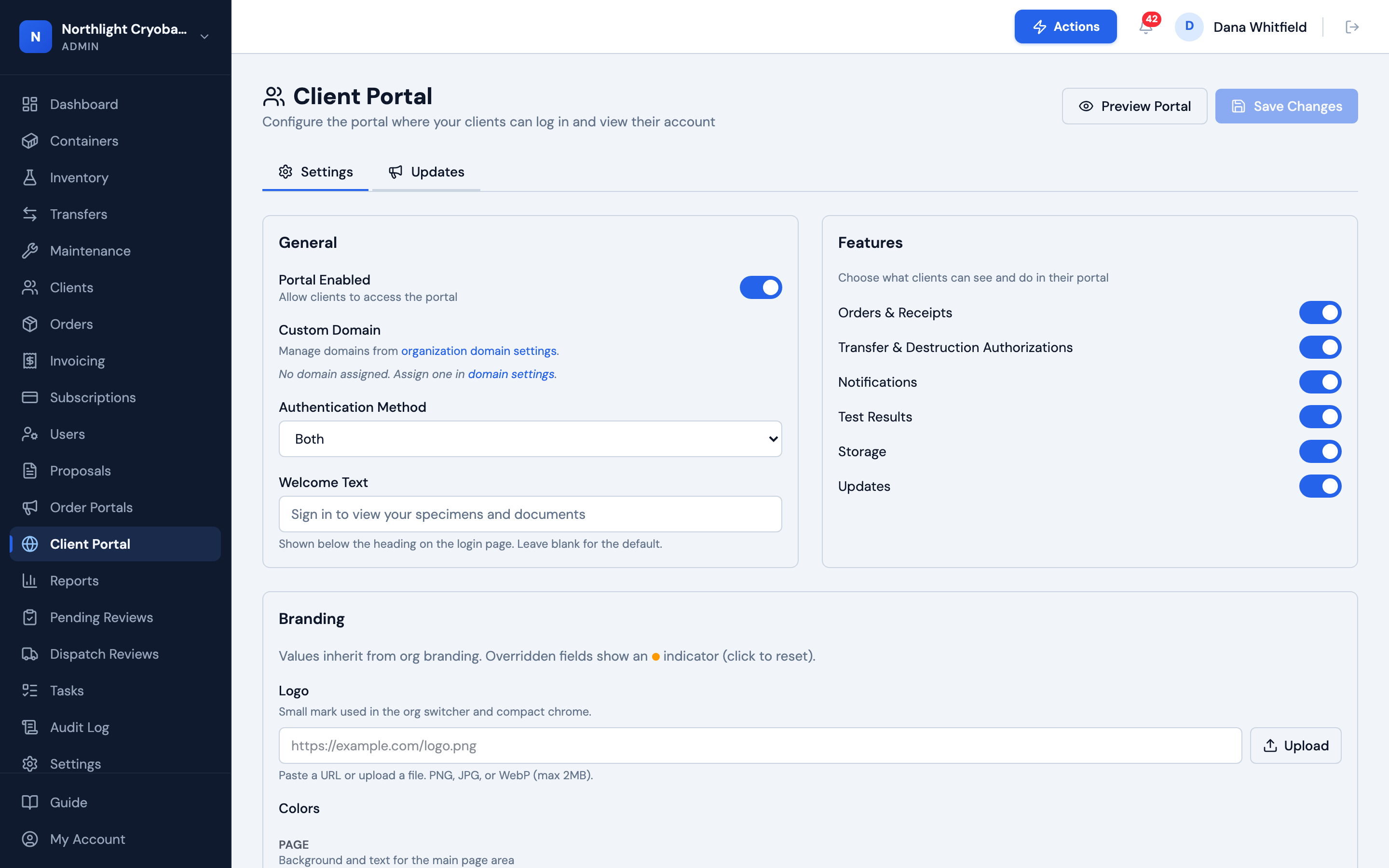OpenCryo client portal configuration: modules, sign-in method, branding, and preview