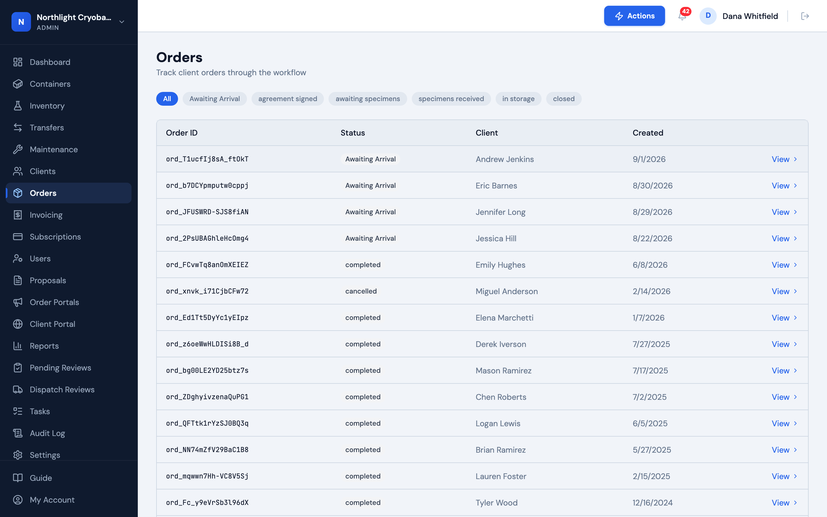The OpenCryo orders work queue with orders across statuses
