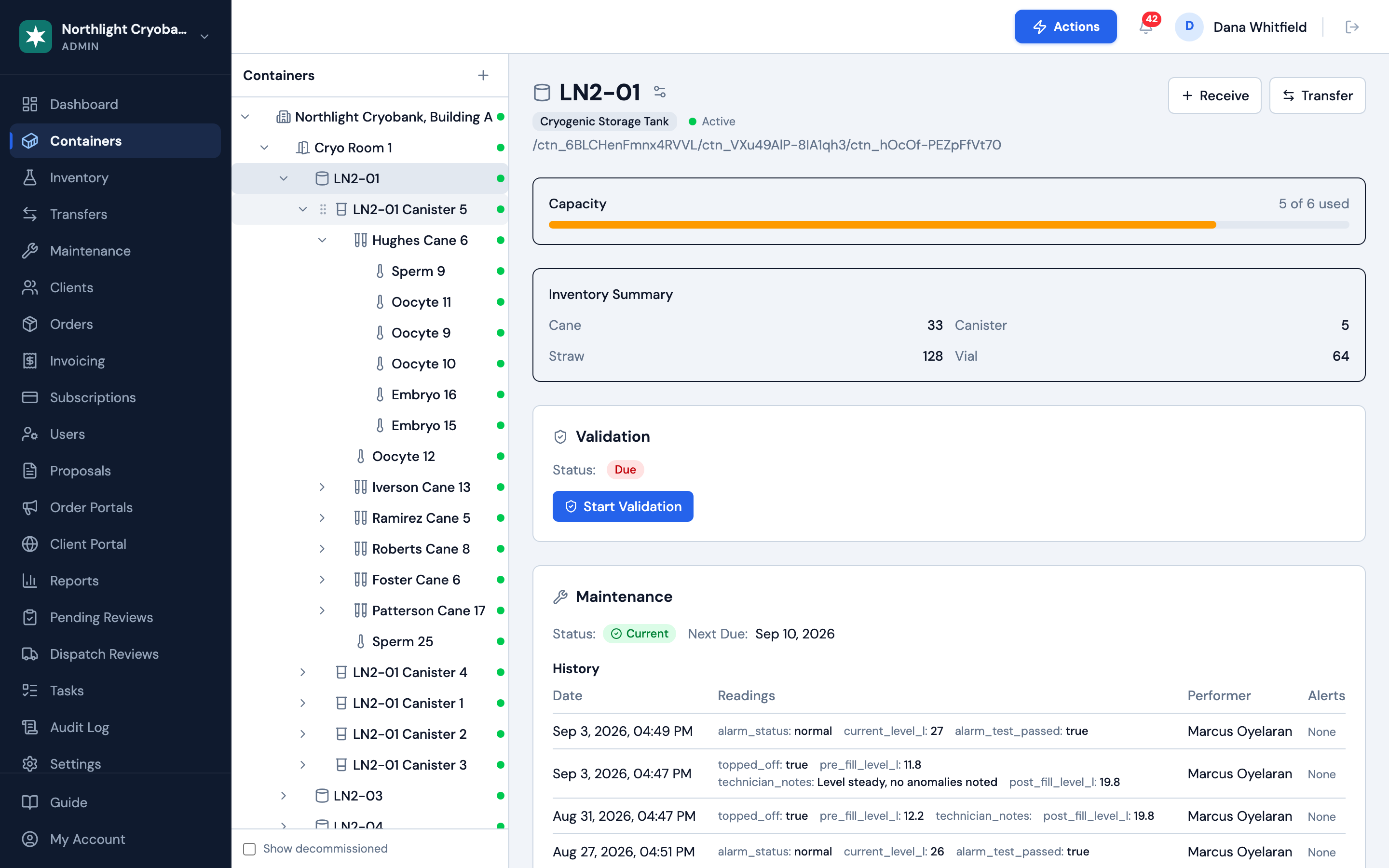 OpenCryo container tree with occupancy at every level