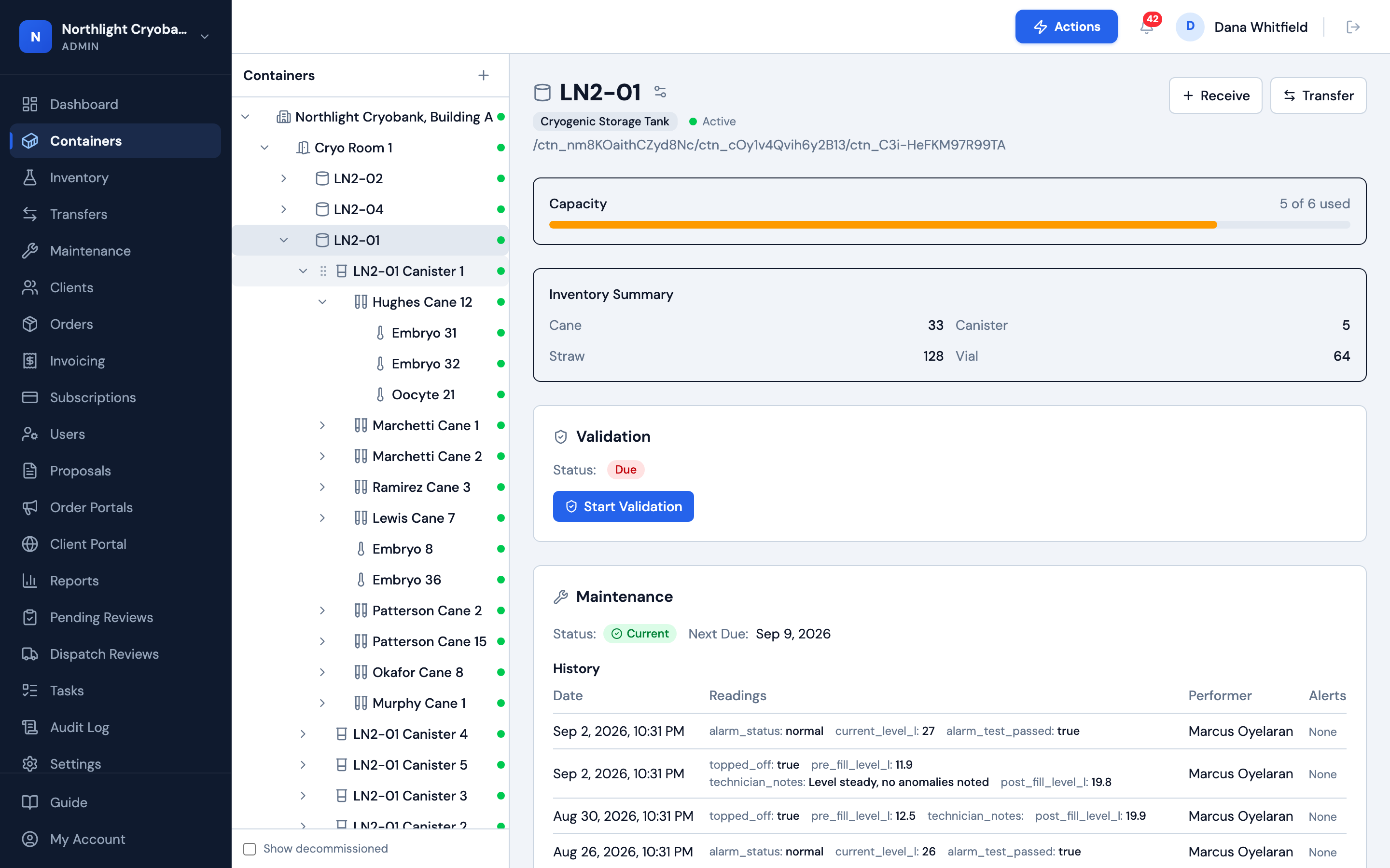 OpenCryo container tree: building, cryo rooms, tanks, canisters, canes, and labeled specimens with a status light on every level