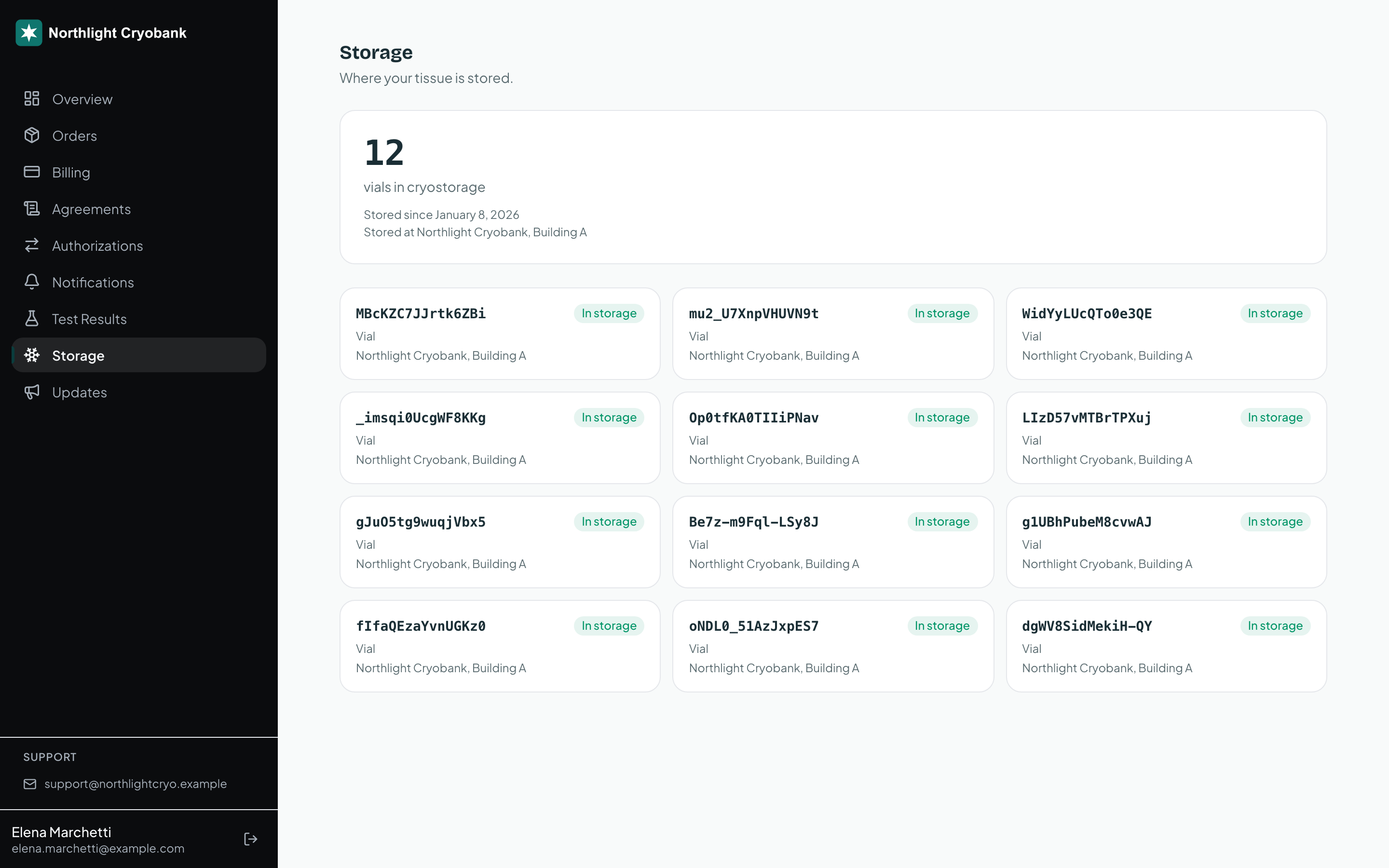 The patient portal in OpenCryo showing stored vials and their location